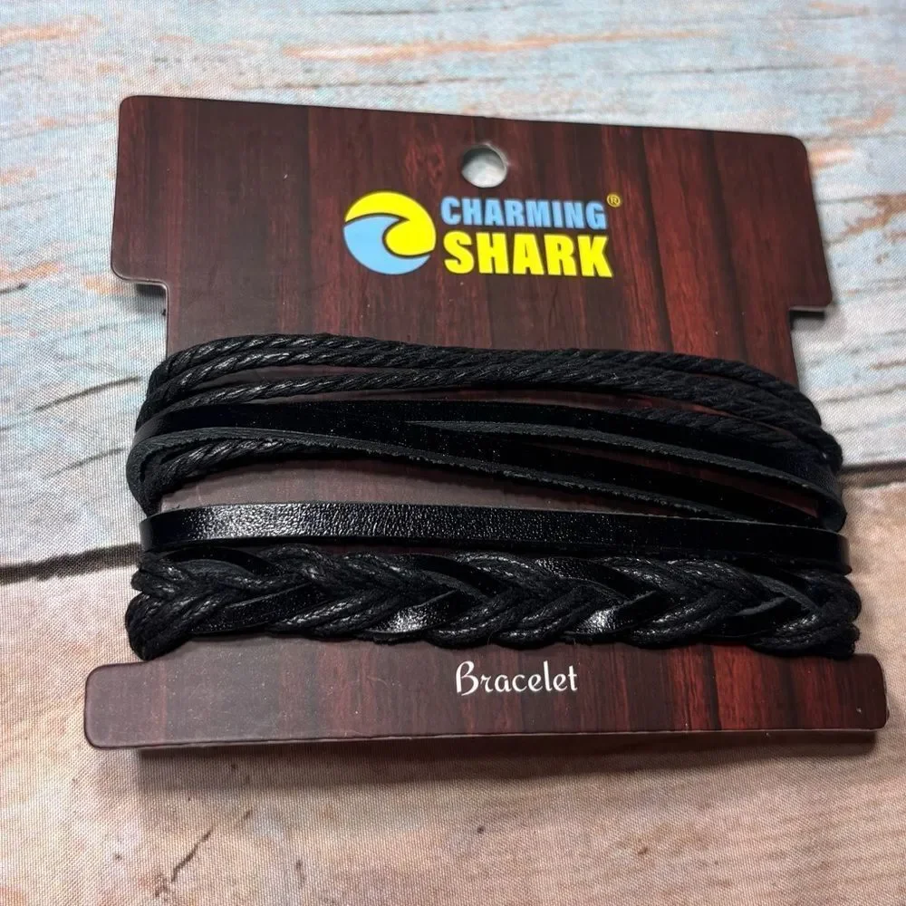 New Charming Shark 2 Men's Black Multi-Strand Leather Bracelet
